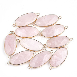 Connecteurs de liens en quartz rose naturel, avec les accessoires en laiton, facette, ovale, or, 39x16x6mm, Trou: 2mm