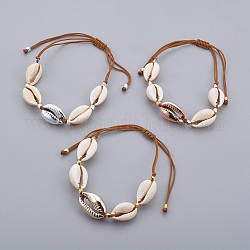 Cowrie Shell Beads Braided Bead Bracelets, with Polyester Cords, Electroplated Cowrie Shell Beads, 1-3/8 inch~3-5/8 inch(3.65~9.3cm)