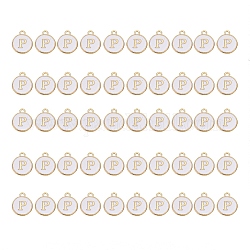 Golden Plated Alloy Charms, with Enamel, Enamelled Sequins, Flat Round, White, Letter.P, 14x12x2mm, Hole: 1.5mm, 50pcs/Box