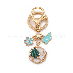 Porte-clés pendentif en émail d'alliage d'étoile de mer de coquille avec le charme de dauphin et de fleur, pour femme sac clé de voiture accessoires, turquoise moyen, 9 cm