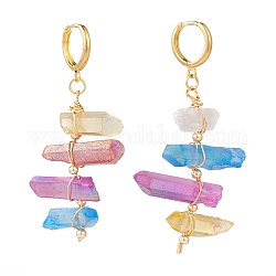 Laiton Huggie boucles d'oreilles, avec pendentifs enveloppés de fil de cristal de quartz naturel électrolytique, pépites, teinte, colorées, or, 60~66mm, pin: 1 mm