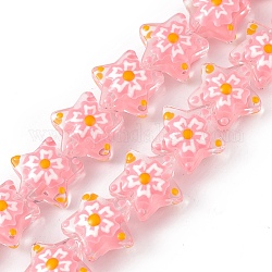Chapelets de perles vernissées manuelles, avec l'émail, étoile avec motif sakura, rose, 13x13.5x12mm, Trou: 1mm, Environ 33 pcs/chapelet, 14.72 pouce (37.4 cm)