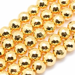 Electroplate Non-magnetic Synthetic Hematite Beads Strands, Grade AAA, Long-Lasting Plated, Faceted, Round, Golden Plated, 8mm, Hole: 1mm, about 53pcs/strand, 15.7 inch(40cm)