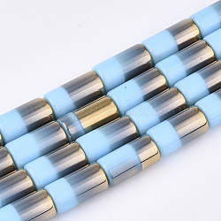 Half Electroplate Opaque Glass Beads Strands, Column, Light Sky Blue, 19.5~20x10mm, Hole: 1.4mm, about 17pcs/strand, 13.38 inch