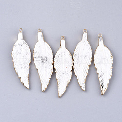 Electroplate Natural Howlite Big Pendants, with Lead Free & Nickel Free Iron Findings, Leaf, Golden, 69~74x21~22x5~6mm, Hole: 2mm