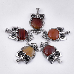 Natural Carnelian Big Pendants, with Rhinestone and Alloy Findings, Dyed, Owl, Antique Silver, 50x32x9.5~10mm, Hole: 4.5x9mm