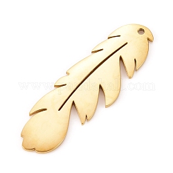 304 Stainless Steel Pendants, Manual Polishing, Laser Cut, Feather, Golden, 33.5x10.5x0.8mm, Hole: 1.2mm
