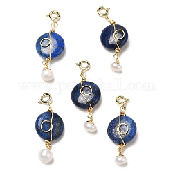 Decoraciones colgantes redondas planas de lapislázuli natural envueltas en alambre, adorno de perlas naturales con cierres de anillo de resorte de latón, real 14k chapado en oro, 38.5~39mm