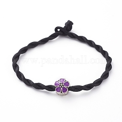 Bracelets en nylon, avec des perles de grand trou en émail d'alliage de style européen, fleur, violet foncé, 8-1/8 pouce (20.5 cm), 3mm