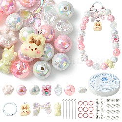 Kit de fabrication de porte-clés couleur bonbon bricolage, y compris les pendentifs en résine, anneaux à ressort en alliage, Perles acryliques, cube & bowknot & ours & patte de chat, rose, 97 pcs /sachet 