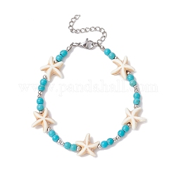 Synthetic Turquoise Starfish Beaded Bracelets for Women, Dark Turquoise, 7-3/8 inch(18.8cm)