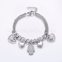 304 Stainless Steel Charm Bracelets, with Lobster Claw Clasps, Hamsa Hand/Hand of Miriam with Heart, Stainless Steel Color, 7-1/2 inch(19cm), 4~7.5mm