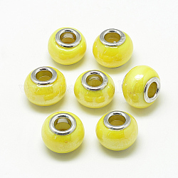 Handgemachte glasperlen murano glas großlochperlen, mit Messing-Doppelkerne, Großloch perlen, Rondell, Platin Farbe, Gelb, 13~14x10~11 mm, Bohrung: 5 mm