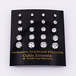 304ステンレススチールキュービックジルコニアスタッドピアス  ステンレス鋼色  3~7mm  ピン：0.8mm  10のペア/カード