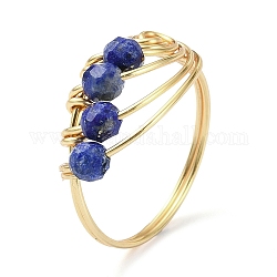 Bague ronde en lapis-lazuli naturel avec perles, anneau vortex enveloppé de fil de cuivre doré clair, nous taille 8 1/2 (18.5mm)