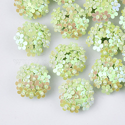 Cabochons paillette pvc, perles de cluster, avec des perles de rocaille en verre et des supports de disques perforés en laiton plaqué or, fleur, vert clair, 20~23x10~11mm