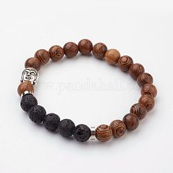Holz Perlen Stretch-Armbänder, mit natürlichen Lavasteinen, Messing-Spacer-Perlen und Legierung Buddha Kopf Perle, 2-1/8 Zoll (53 mm)