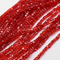 Abalorios de vidrio, facetados, cubo, rojo, 3x3x3mm, agujero: 1 mm, aproximamente 98~100 pcs / cadena, 13.8 pulgada