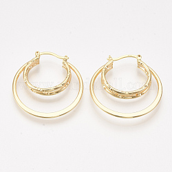 Brass Triple Hoop Earrings, Nickel Free, Real 18K Gold Plated, 36x33x4~5mm, Pin: 0.7x1mm