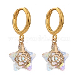 Brass Huggie Hoop Earring, with Electroplate Glass Pendants, Star, Golden, Clear AB, 31.5mm, Pin: 1mm