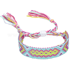 Bracelet cordon polyester-coton motif losange tressé, bracelet brésilien réglable ethnique tribal pour femme, cyan clair, 5-7/8~11 pouce (15~28 cm)