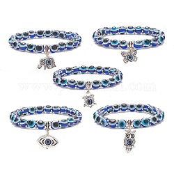 Bracciale elasticizzato in resina malocchio con perline e charm in lega per uomo donna, blu royal, diametro interno: 2-1/8 pollice (5.5 cm)