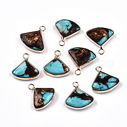 Fan Assembled Natural Bronzite and Synthetic Turquoise Pendants, with Iron Loop and Brass Edge, Light Gold, 18~19x18~19x5~6mm, Hole: 2mm