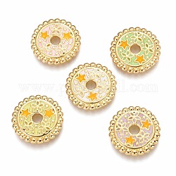 Perles en laiton émaillé, plat rond avec étoile & étoile jaune, véritable 18k plaqué or, couleur mixte, 15.6x2mm, Trou: 2.7mm