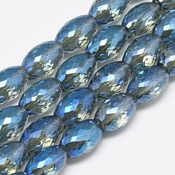 Galvanisieren Glasperlen, Regenbogen plattiert, facettiert, Oval, Verdeck blau, 11~12x8 mm, Bohrung: 1 mm, ca. 60 Stk. / Strang, 27.56 Zoll
