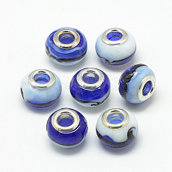 Perles européennes vernissées manuelles, avec doubles noyaux de cuivre, Perles avec un grand trou   , rondelle, platine, bleu, 14~14.5x10~11mm, Trou: 5mm