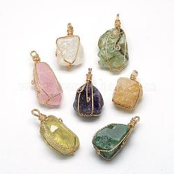 Pendenti naturali di pietra misti, con filo di ottone, pepite, oro, 35~45x20~30x20~25mm, Foro: 4 mm
