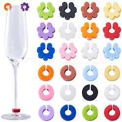 Gorgecraft 1 Set Silicone Wine Glass Charms Sets, Drink Markers, Flower & Round, Mixed Color, 17.5~20x18~21x7mm, Inner Diameter: 8mm, 24pcs/set