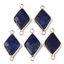 Connecteurs de liens naturels lapis lazuli, avec bordures en laiton plaqué or clair, facette, losange, 29~30x15x4mm, Trou: 2.5mm