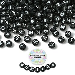 Kits de fabricación de pulseras de diy, Incluye cuentas acrílicas redondas planas con letras y corazones., hilo elástico, negro, 550 unidades / bolsa