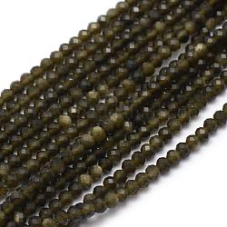 Brin de perles d'obsidienne aux reflets dorés naturels, facette, ronde, 2mm, Trou: 0.5mm, Environ 113 pcs/chapelet, 15.35 pouce (39 cm)