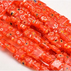 Handmade Millefiori Glass Square Bead Strands, Orange Red, 8x8x4mm, Hole: 1mm, about 51pcs/strand, 15.5 inch