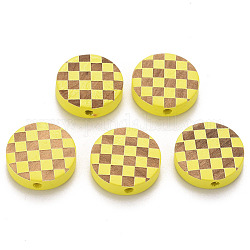 Cuentas de madera natural pintada, patrón grabado con láser, plano redondo con patrón de cuadrícula, amarillo, 15x5mm, agujero: 1.8 mm