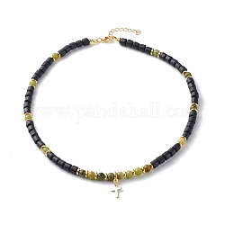 Polymer Clay Perlenketten, mit Kreuzanhänger aus Messing und natürlichen Taiwan-Jade-Perlen, Schwarz, 18.78 Zoll (47.7 cm)