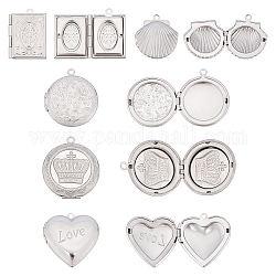 DICOSMETIC 10Pcs 5 Style 304 Stainless Steel Diffuser Locket Pendants, Photo Frame Pendants for Necklaces, Mixed Shapes, Stainless Steel Color, 23.5~35.5x19~31x5~8.5mm, hole: 1.6~2.3mm, Inner Diameter: 15~23x10~23mm, 2pcs/style