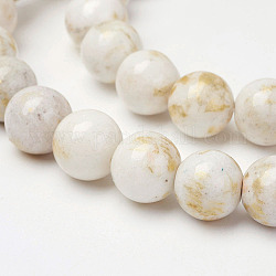 Natural Mashan Jade Beads Strands, with Gold Powder, Dyed, Round, Floral White, 10mm, Hole: 1.5mm, about 41pcs/strand, 16 inch