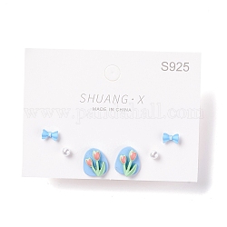 Ensemble de boucles d'oreilles tulipe et nœud papillon et ronde en émail de résine pour fille femmes, avec 925 épingles plaquées argent sterling, bleu, 4~13.5x4~11.5x2.5~4.5mm, pin: 0.7 mm, 3 paires / ensemble