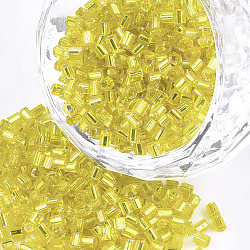 Grado a perline di semi di vetro, esagono (due tagli), argento rivestito, giallo, 1.5~2.5x1.5~2mm, Foro: 0.8 mm, circa 2100pcs/scatola, 450 g / borsa