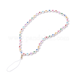 Sangles mobiles en perles acryliques opaques, avec fil de nylon tressé et perles de laiton, plat rond avec motif coeur coloré, blanc, 25.5 cm