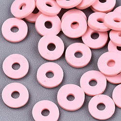 Perles en pâte polymère manuel, pour les fournitures de bricolage bijoux artisanat, disque / plat rond, perles heishi, rose, 4x1mm, Trou: 1mm, environ 55000 pcs/1000 g