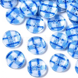Boutons en résine, 4-trou, Plat rond avec motif tartan, Dodger bleu, 13x2.5mm, Trou: 1.6mm, environ 1000 pcs / sachet 