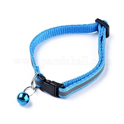 Adjustable Polyester Reflective Dog/Cat Collar, Pet Supplies, with Iron Bell and Polypropylene(PP) Buckle, Sky Blue, 21.5~35x1cm, Fit For 19~32cm Neck Circumference