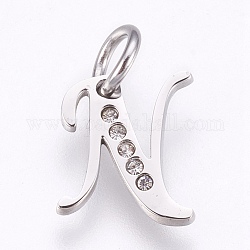 304 Stainless Steel Pendants, with Rhinestone, Letter, Letter.N, 12x10x1.5mm, Hole: 4mm