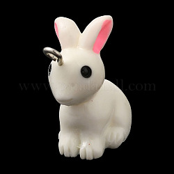 不透明樹脂ペンダント  プラチナトーンの鉄製ループが付いた 3D ウサギのチャーム  フローラルホワイト  25x13x17mm  穴：2mm
