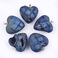 Ciondoli di agata naturale di druzy dell'elettrodo, con accessori di ottone, cuore, platino, Blue Steel, 29~32x30~31x13~15mm, Foro: 3.5x4.5 mm