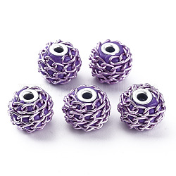 Handmade Indonesia Beads, with Aluminium Chains, Round, Silver, Blue Violet, 16.5~18x14~15mm, Hole: 3~3.5mm